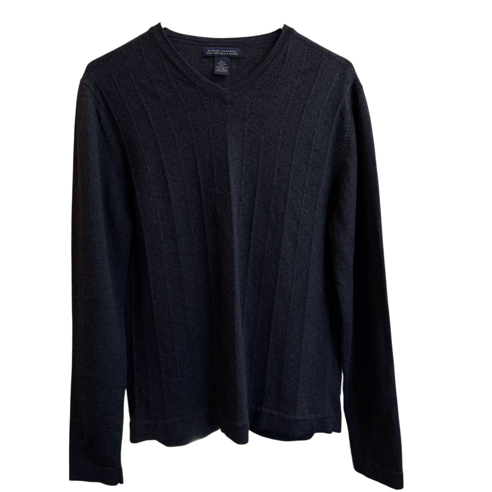 Banana Republic Men L Extra‎ Fine Italian Merino Wool V-Neck Grey Sweater #206